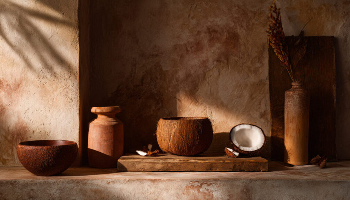 Rustic still life of halved coconut on warm textured background in 16:9 format