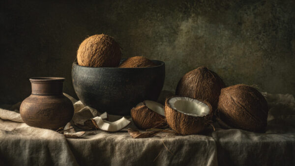 Rustic still life with whole and halved coconuts, ceramic bowl, pottery jug, and warm dramatic lighting