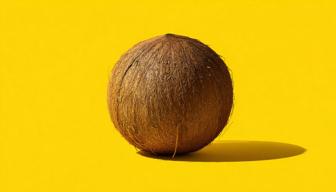Whole coconut on yellow solid background in 16:9 format