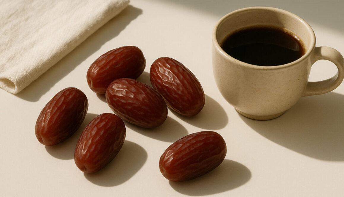 Rustic still life of date fruits with coffee cup on beige background in 16:9 format