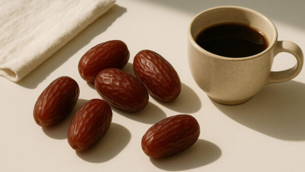 Rustic still life of date fruits with coffee cup on beige background in 16:9 format