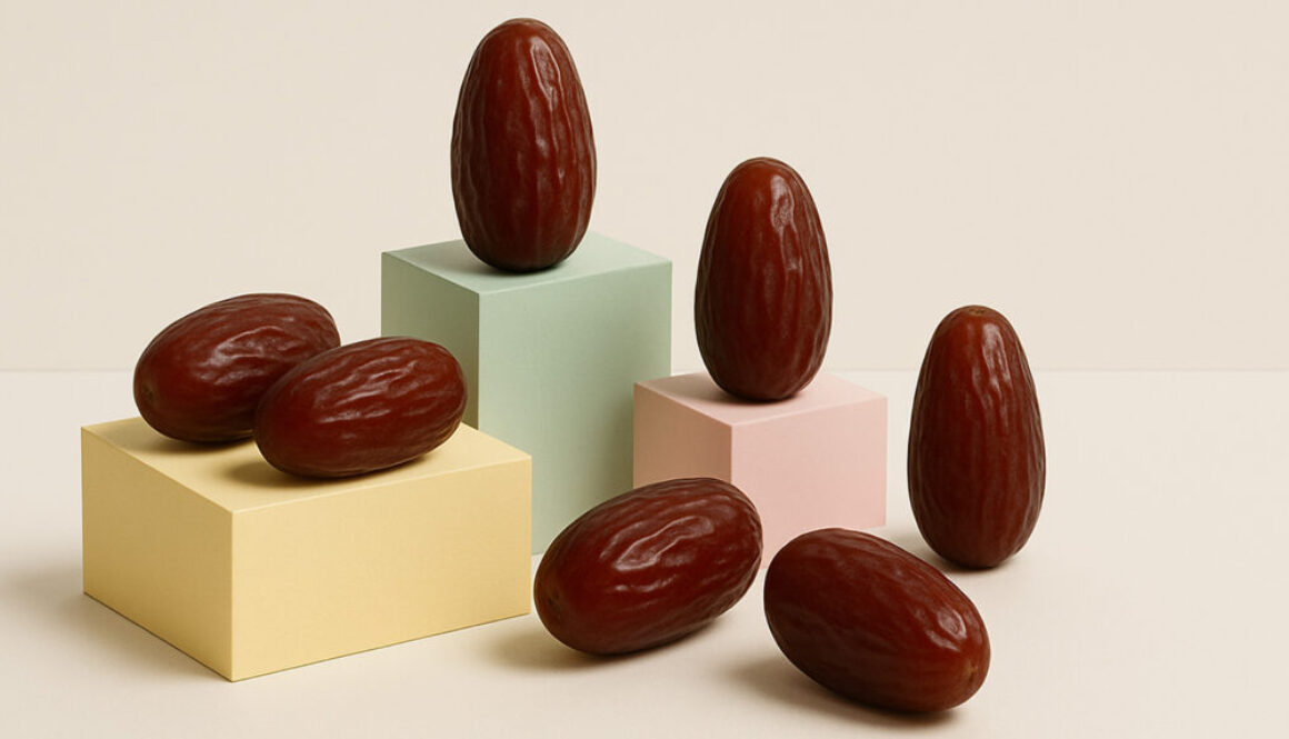 Minimal composition of ripe date fruits on pastel color blocks in 16:9 format