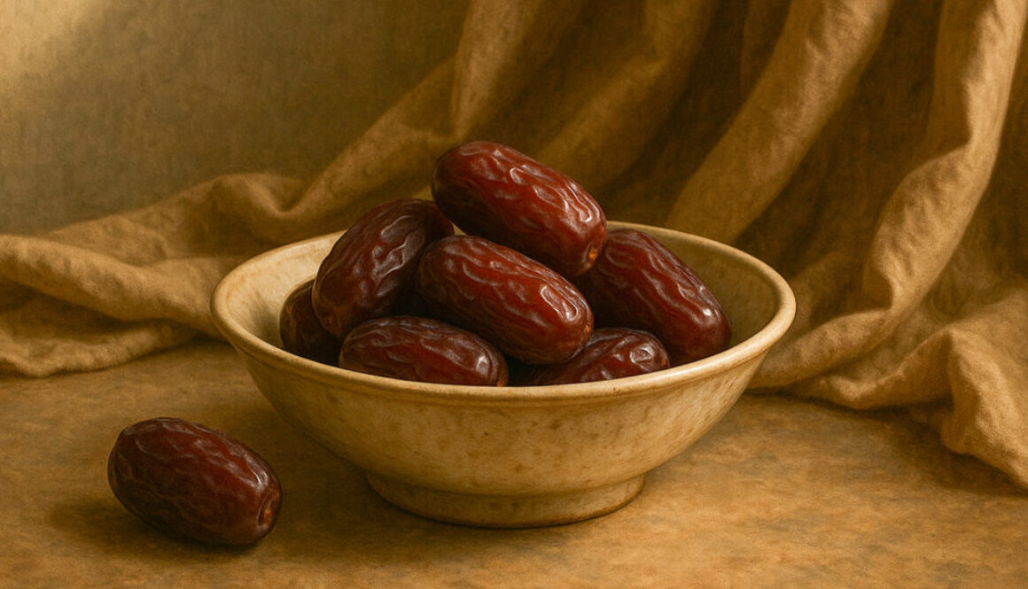 Classical still life of ripe date fruits in rustic ceramic bowl with warm draped fabric background