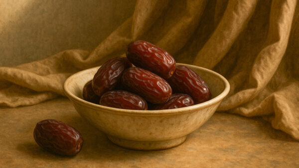 Classical still life of ripe date fruits in rustic ceramic bowl with warm draped fabric background