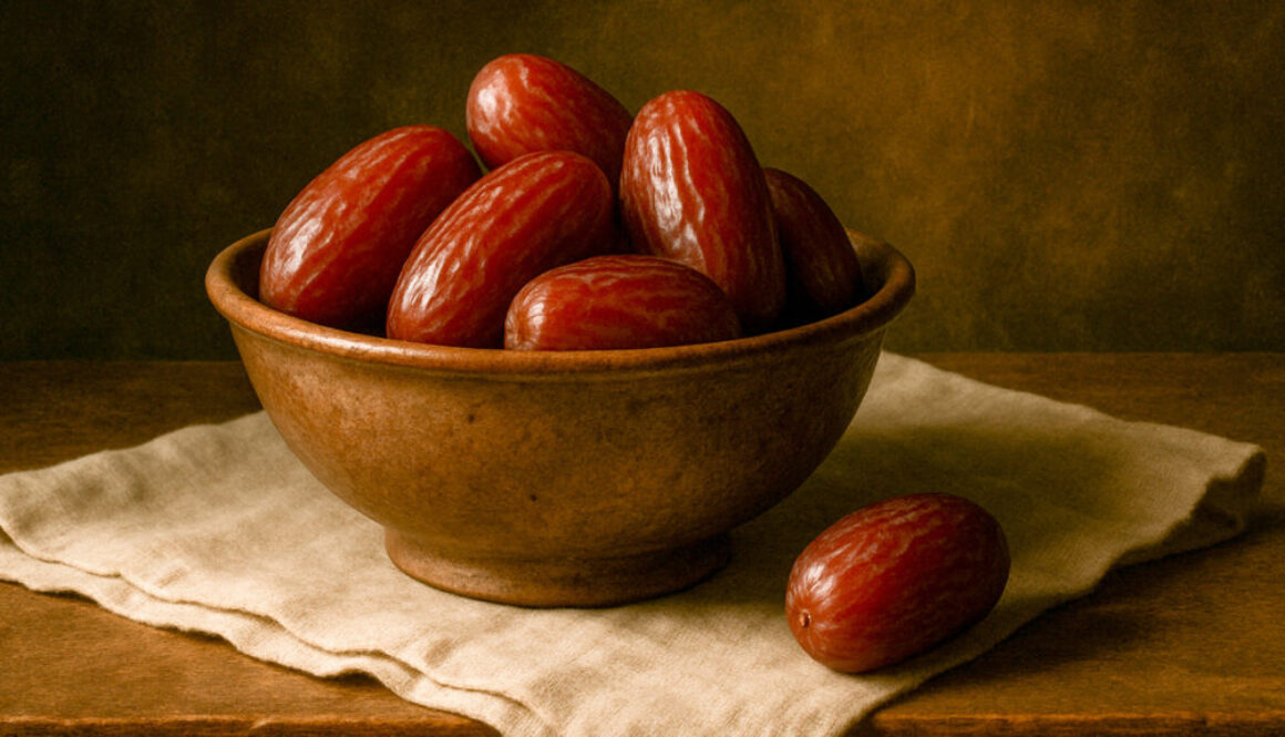 Rustic ceramic bowl filled with date fruits on warm brown background with linen cloth