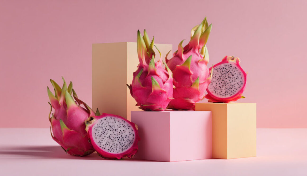 Contemporary still life of dragon fruits arranged on pastel cubes with pink background in 16:9 format