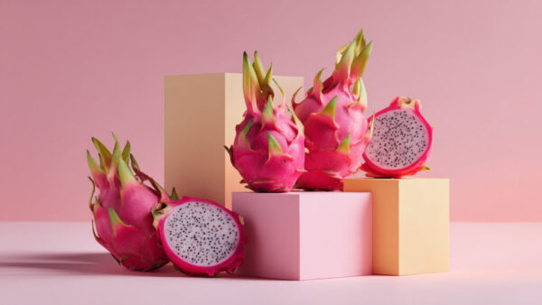 Contemporary still life of dragon fruits arranged on pastel cubes with pink background in 16:9 format