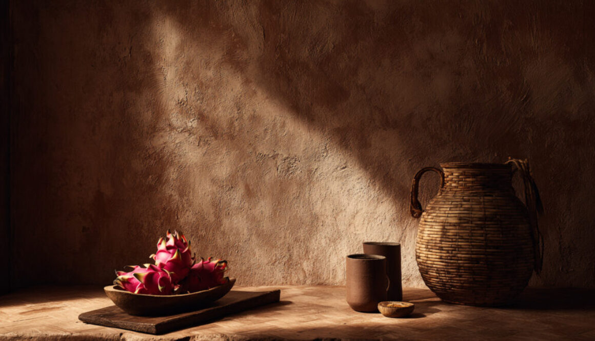Rustic still life of dragon fruits in wooden bowl with textured wall and warm light in 16:9 format