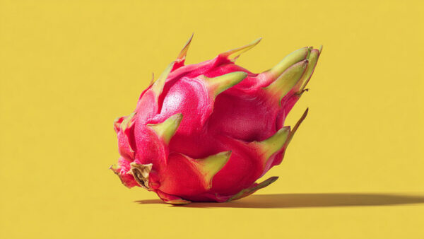 Close-up of dragon fruit centered on solid yellow background in 16:9 format