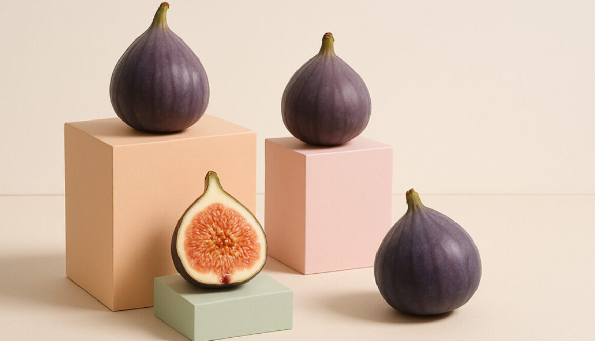 Still life of whole and halved figs on pastel blocks with beige background in 16:9 format