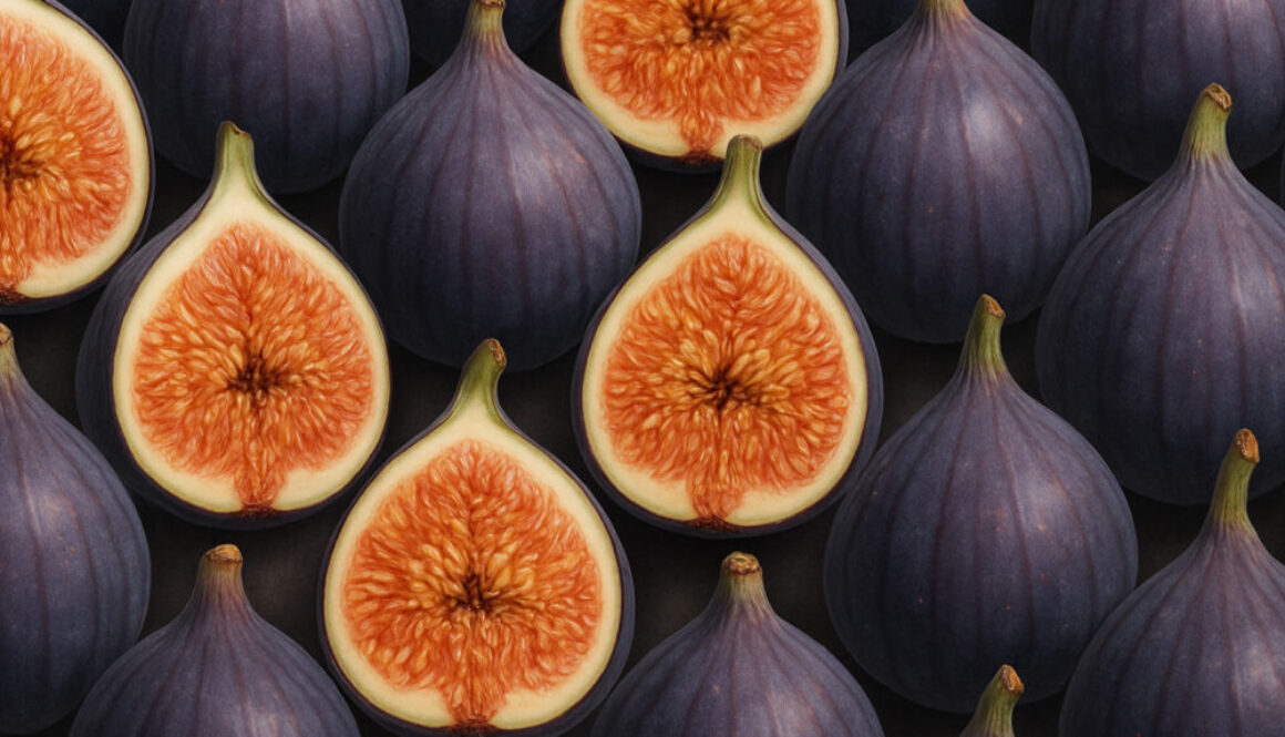 Pattern of whole and halved figs on dark background in 16:9 format
