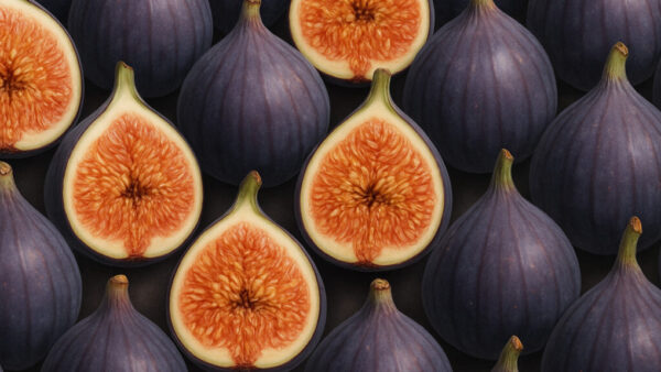 Pattern of whole and halved figs on dark background in 16:9 format