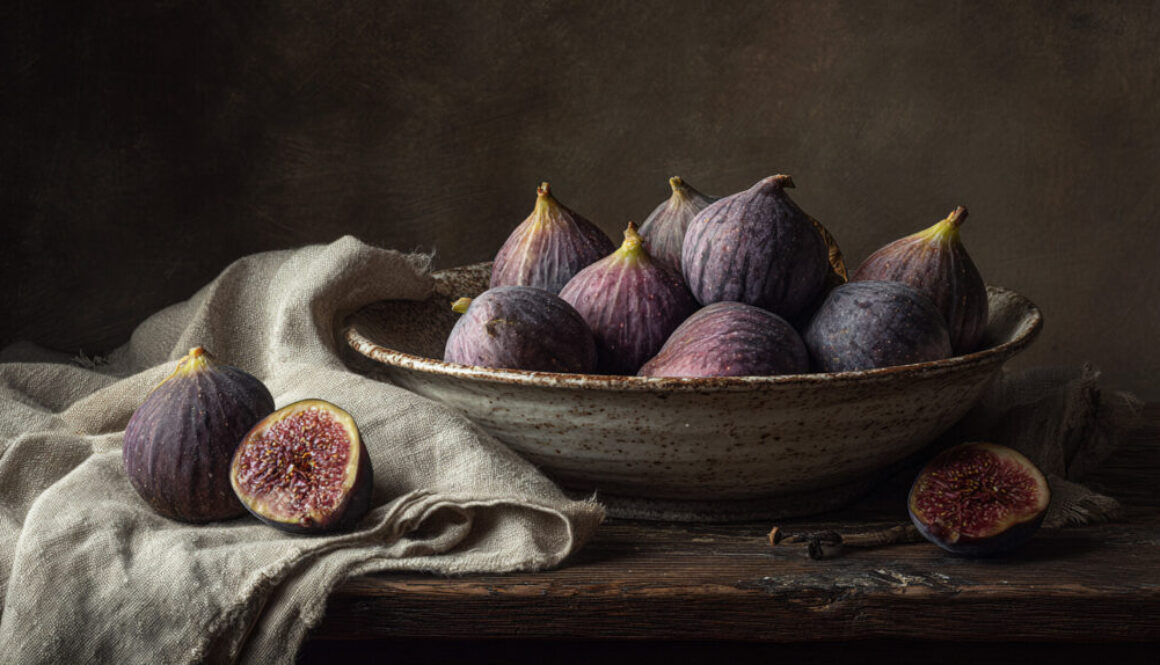 Rustic still life of ripe figs in a ceramic bowl on fabric and wood with dark background