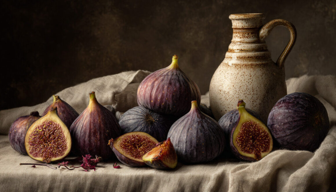 Rustic still life with figs and ceramic jug on neutral fabric background in 16:9 format