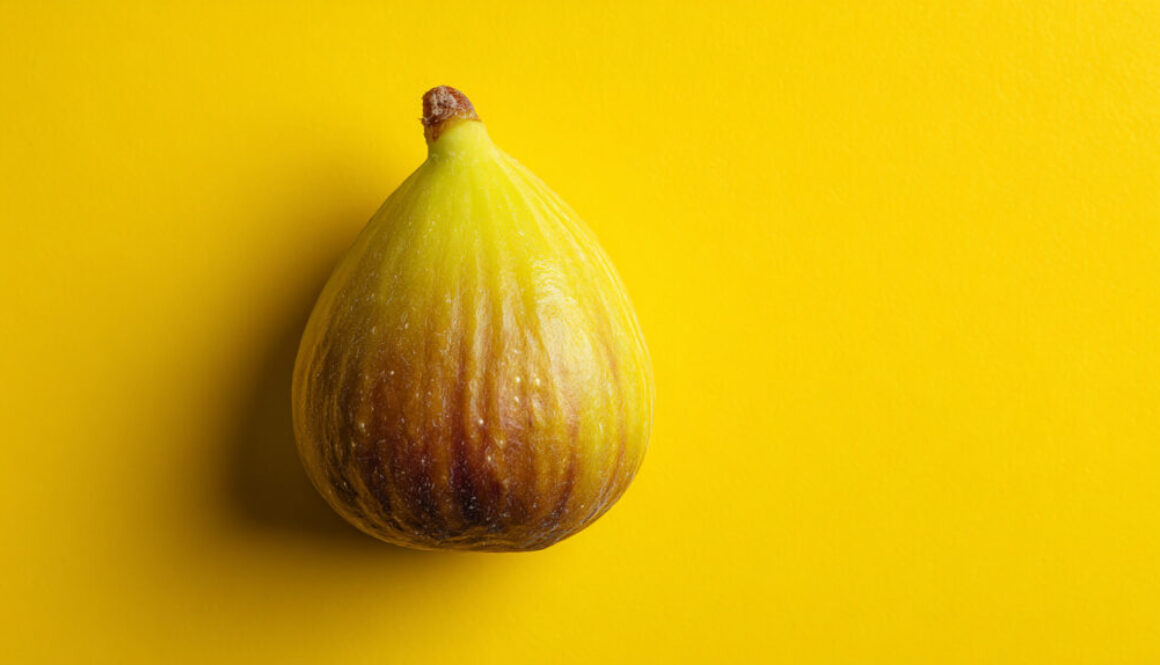 Single ripe fig centered on a solid yellow background in minimal high-resolution style