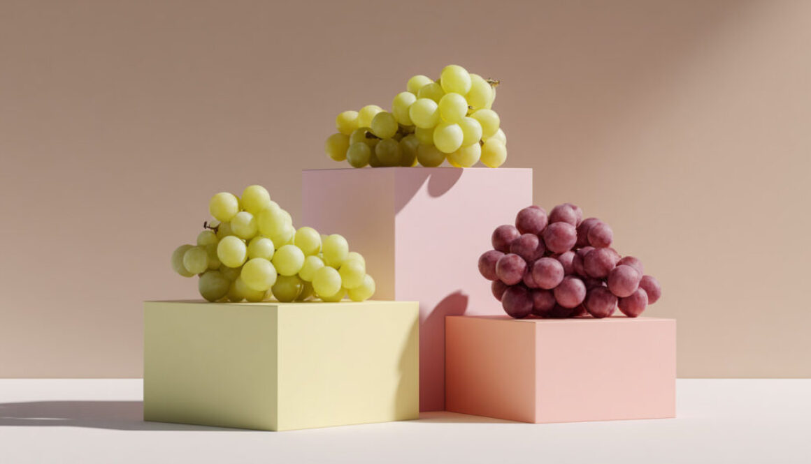 Contemporary still life with yellow and red grapes on pastel cubes against beige background