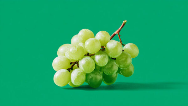 Fresh green grape cluster centered on solid green background in 16:9 format