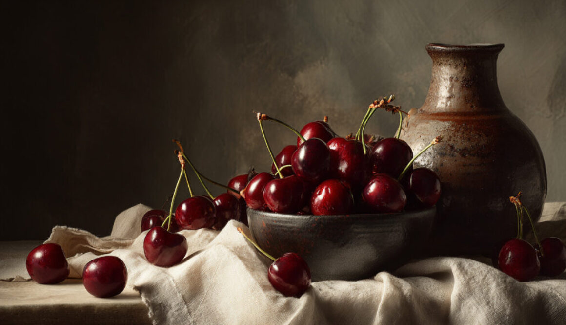 Rustic still life with cherries in a ceramic bowl, linen fabric, and vintage jug on a dark background