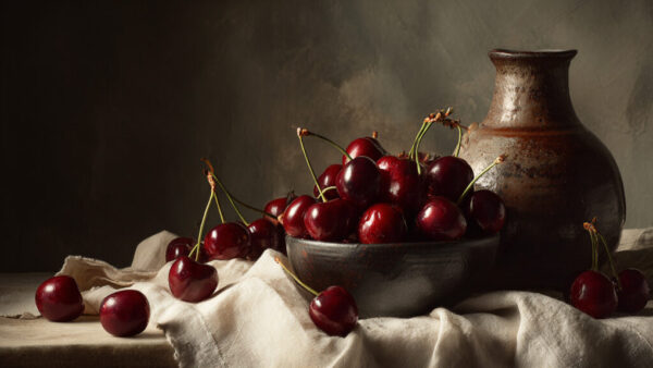 Rustic still life with cherries in a ceramic bowl, linen fabric, and vintage jug on a dark background
