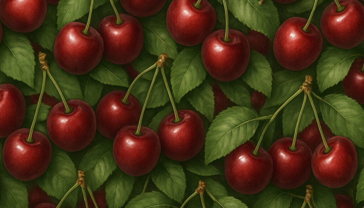 Seamless cherry pattern with red fruits and green leaves in decorative hyper-realistic style