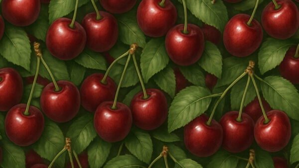 Seamless cherry pattern with red fruits and green leaves in decorative hyper-realistic style