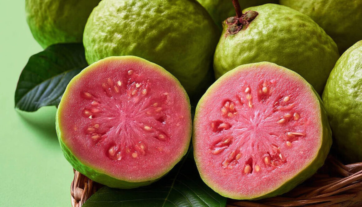 Close-up of sliced pink guava with seeds on green background in 16:9 format