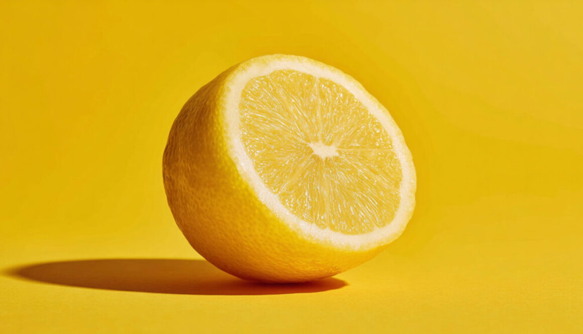 Half lemon with juicy details on solid yellow background in 16:9 format