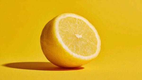 Half lemon with juicy details on solid yellow background in 16:9 format