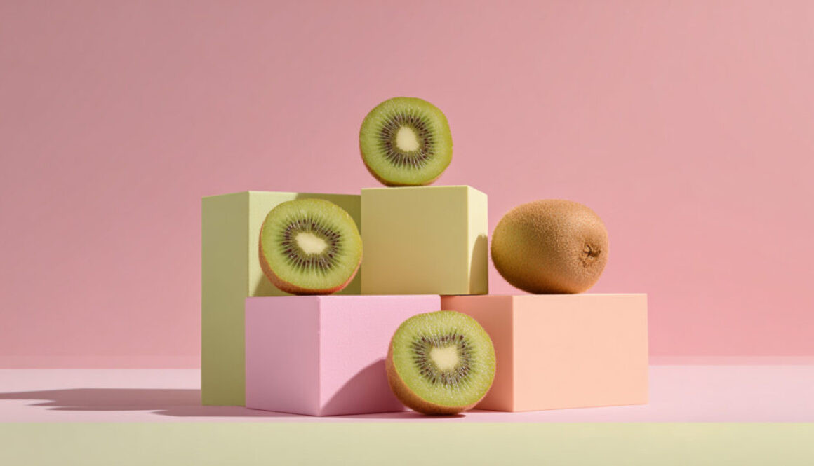 Contemporary still life of kiwi on pastel geometric blocks with pink background