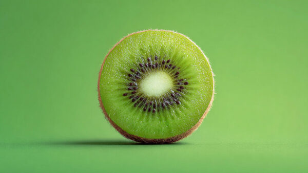 Half slice of fresh kiwi centered on solid green background