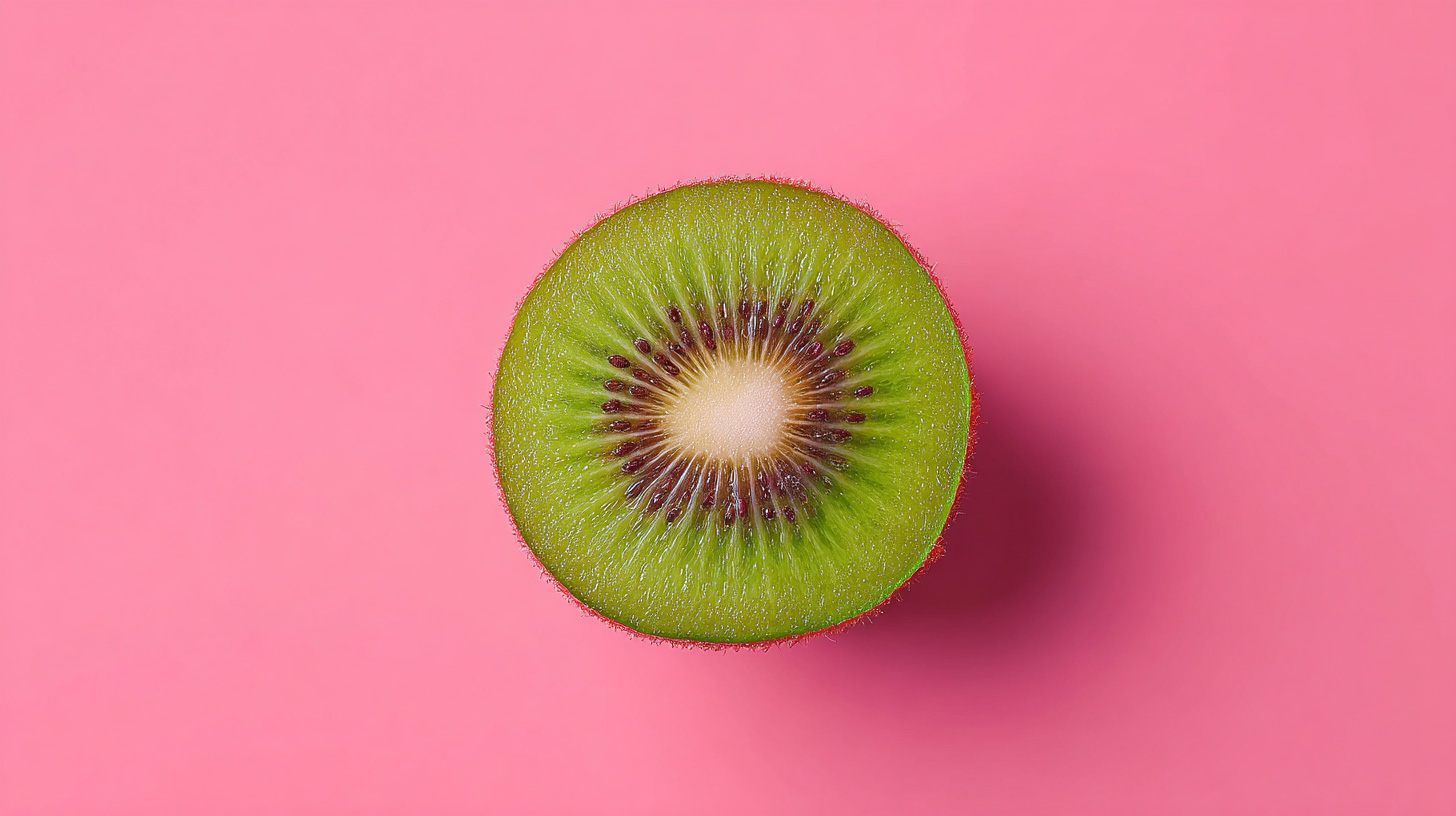 Half slice of fresh kiwi centered on solid pink background