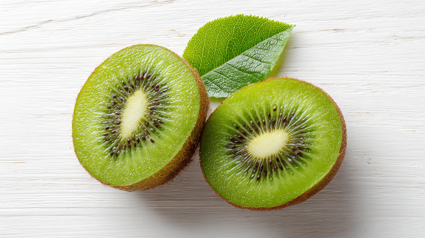 Flatlay of fresh kiwi halves with green leaf on clean white background