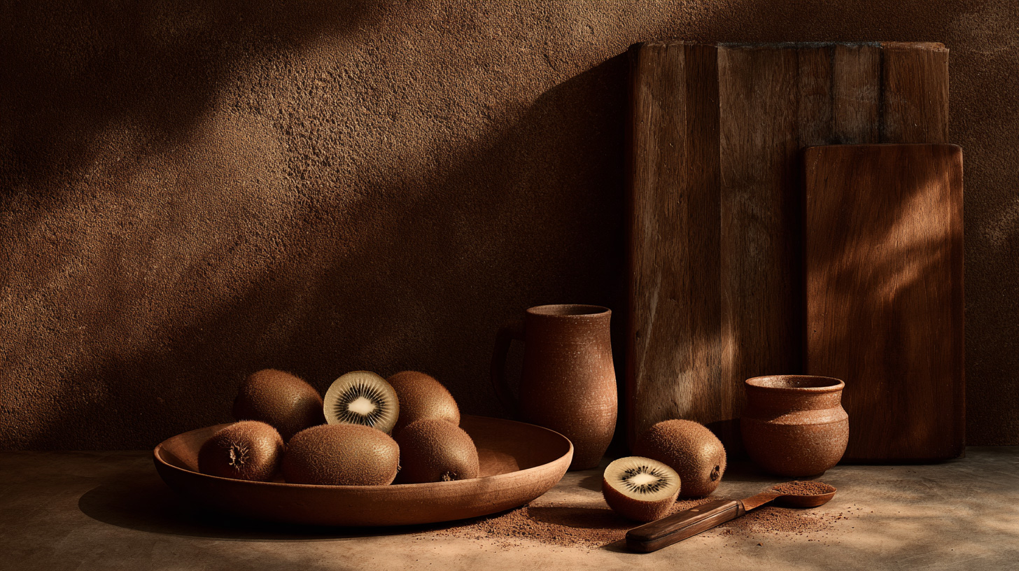 Rustic still life with fresh kiwi in ceramic bowl on warm brown background