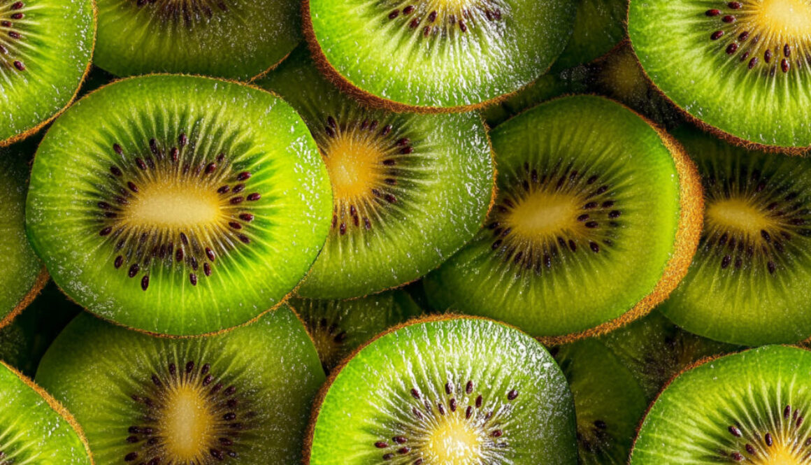 Photorealistic pattern of kiwi slices on dark background in 16:9 format