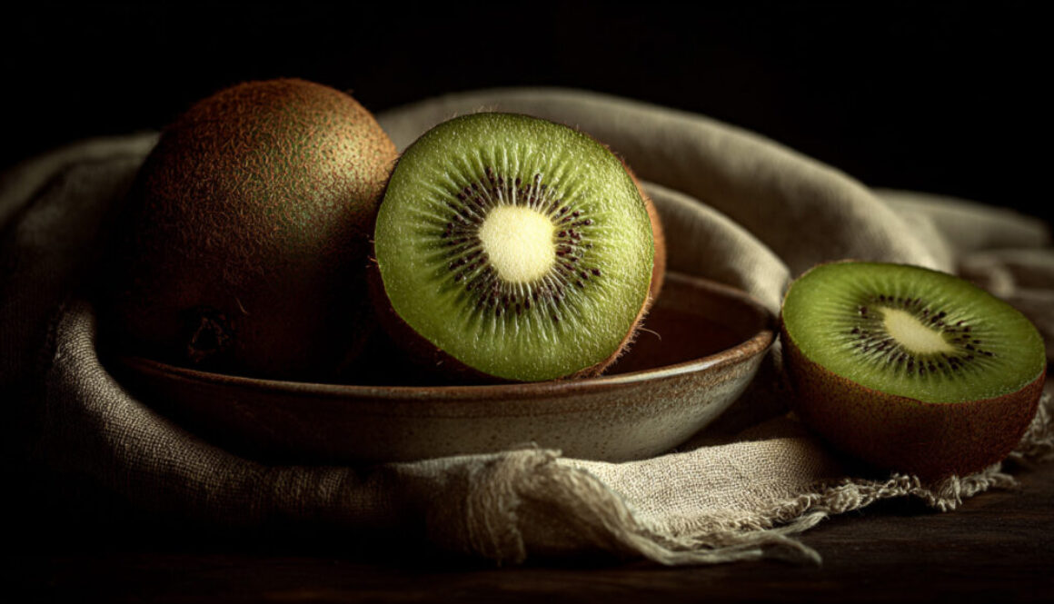 Rustic still life of fresh kiwi in ceramic bowl on dark background