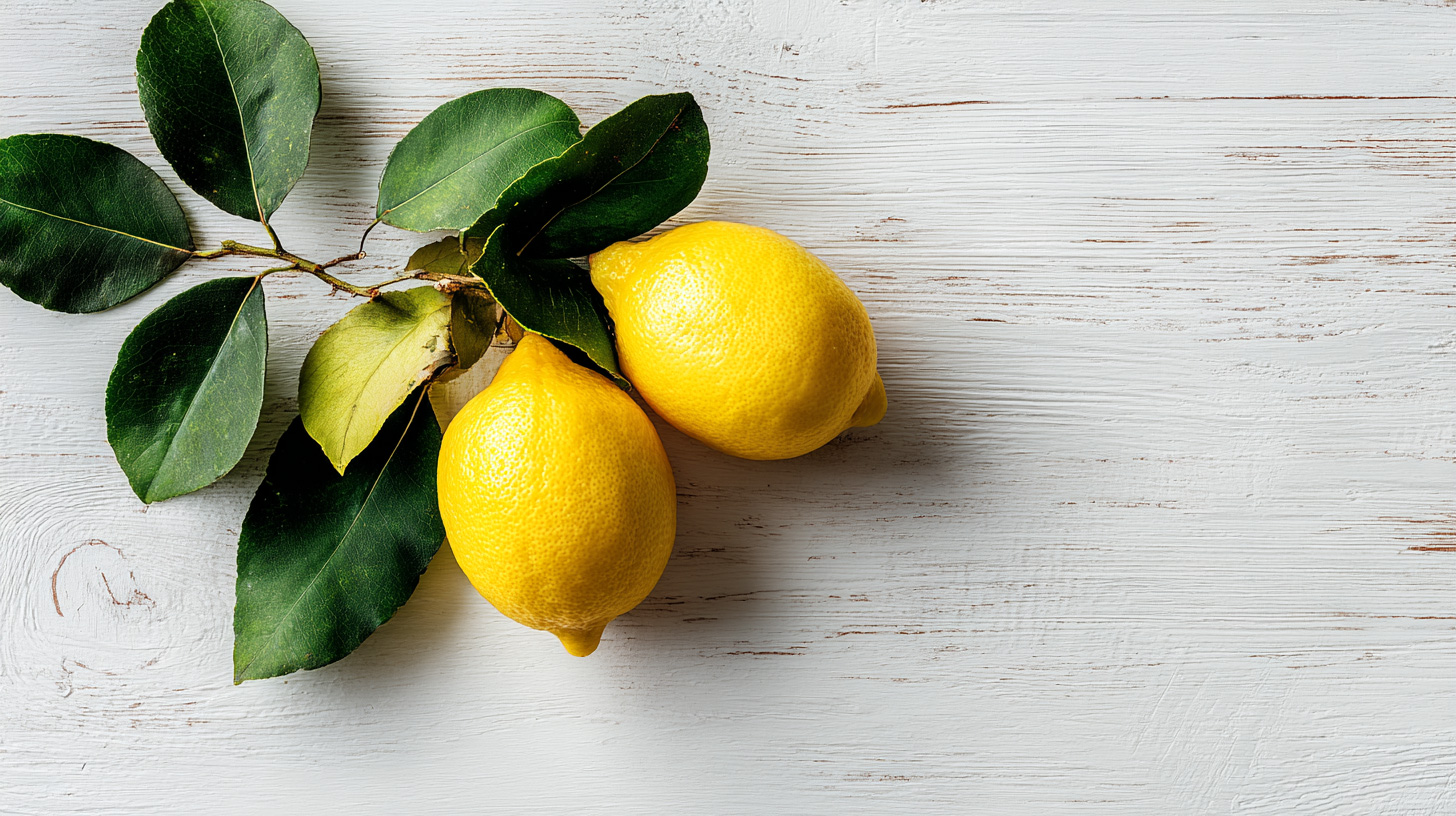 Flatlay of fresh lemons with green leaves on rustic white wooden background