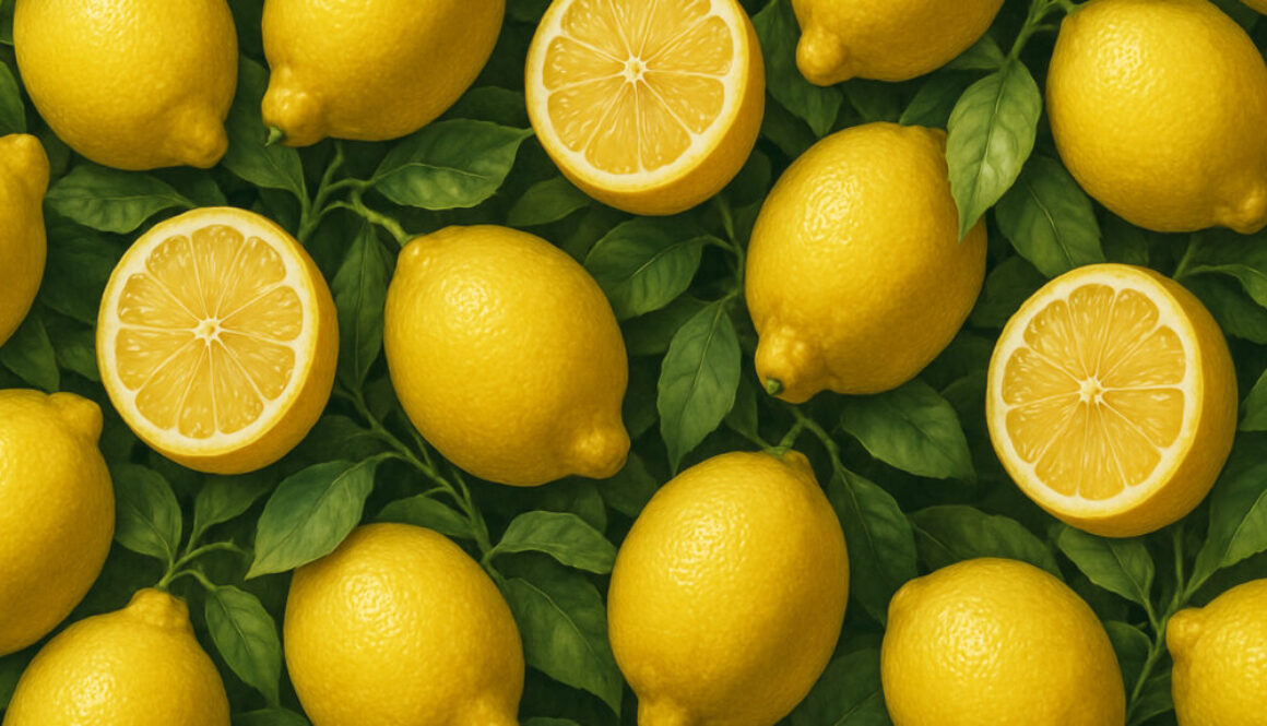 Top view of whole and halved lemons arranged on green leaves in seamless pattern