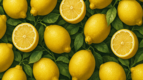 Top view of whole and halved lemons arranged on green leaves in seamless pattern