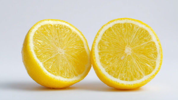 Two juicy lemon halves on clean white background in 16:9 format