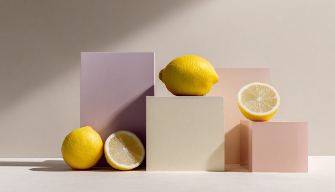 Whole and sliced lemons arranged on pastel geometric blocks in modern still life