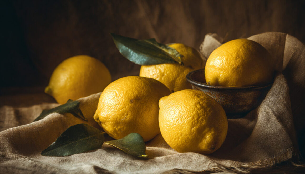 Rustic still life of fresh lemons with leaves on fabric and ceramic bowl, dark background