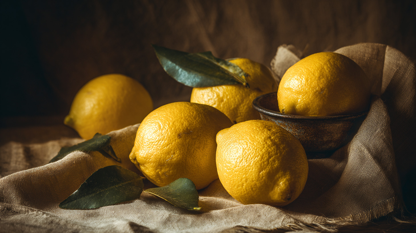 Rustic still life of fresh lemons with leaves on fabric and ceramic bowl, dark background