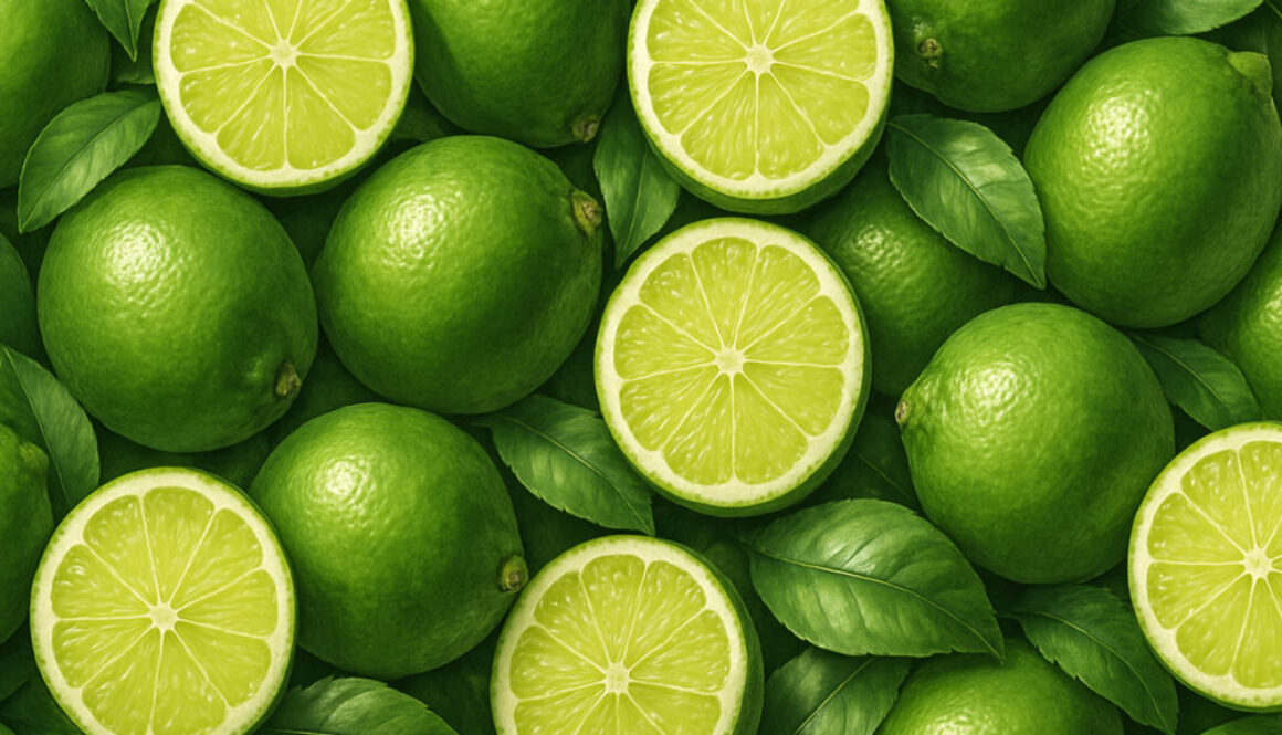 Top view of whole and halved limes arranged on green leaves in seamless pattern