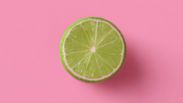 Top view of halved lime on pastel pink background in 16:9 format