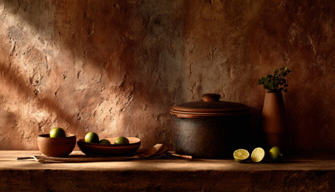 Rustic still life of limes in bowls with ceramic pot and terracotta vase on brown textured background