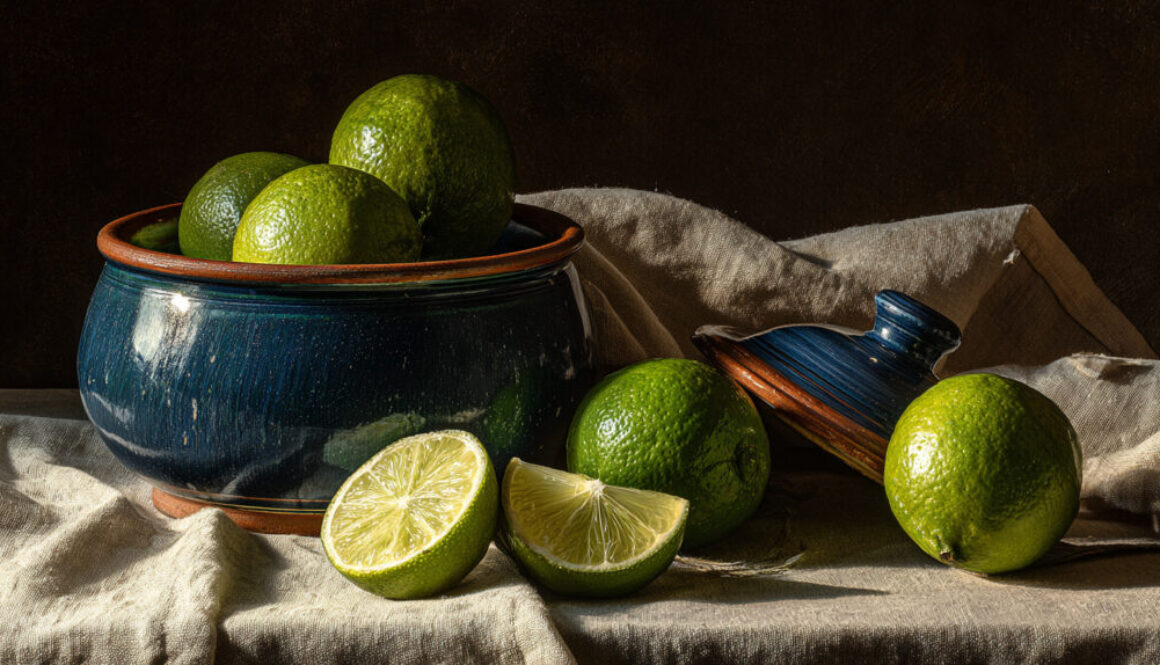 Rustic still life with whole and sliced limes in ceramic bowl on fabric with dark background
