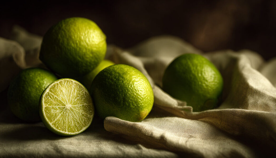 Rustic still life with whole and halved limes on fabric with warm lighting and dark background