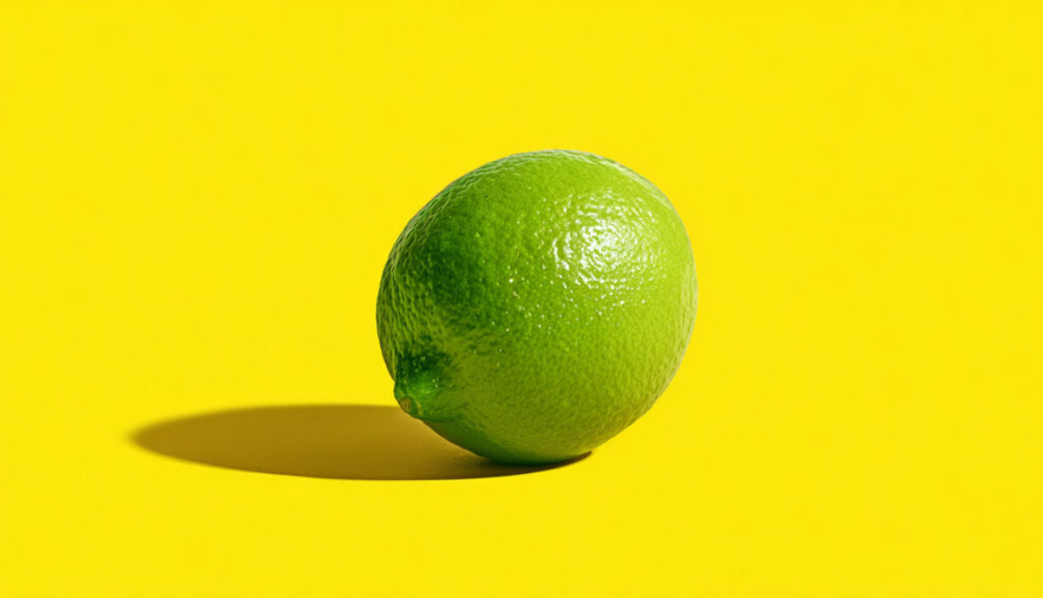Single lime centered on solid yellow background with shadow in 16:9 format