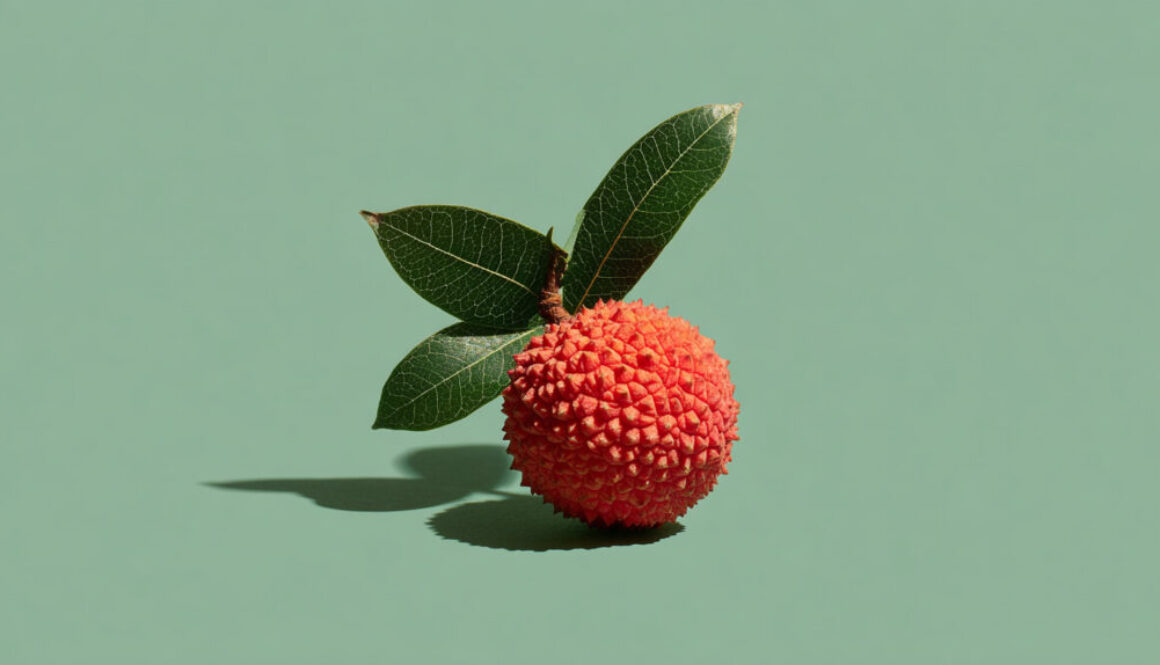 Red lychee with leaves on soft green background in 16:9 format