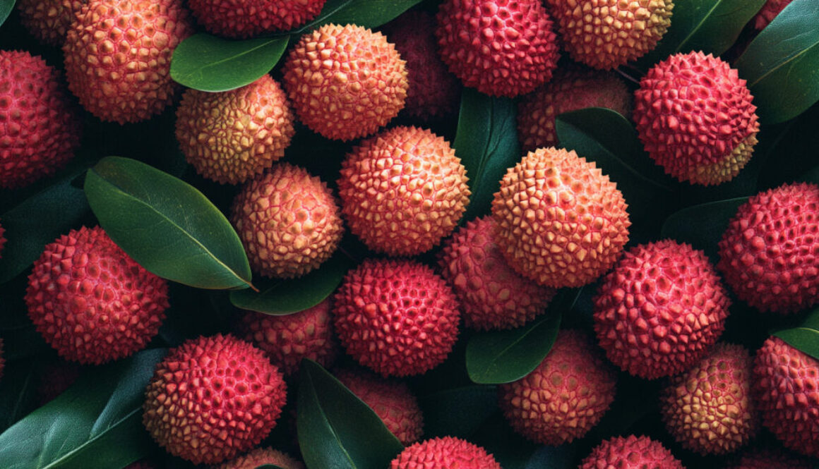 Top view of ripe lychees with green leaves on natural background in 16:9 format